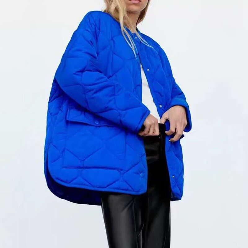 Зимняя Синяя Женская парка 2022 модная теплая хлопковая куртка с длинным рукавом пальто на молнии с круглым вырезом Женская Повседневная Вер...