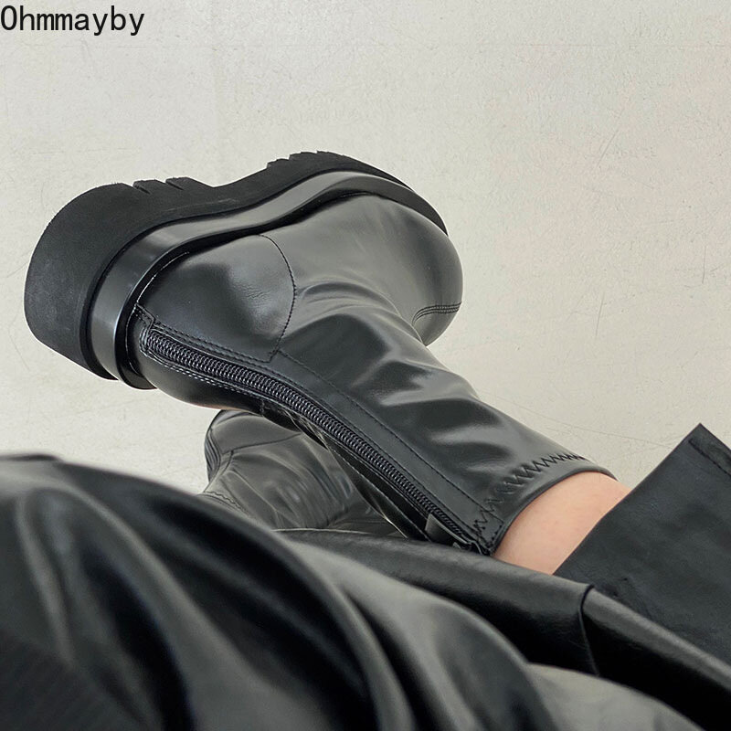 Botas femininas cano curto e antiderrapante, calçado plataforma grosso preto casual para inverno 2021