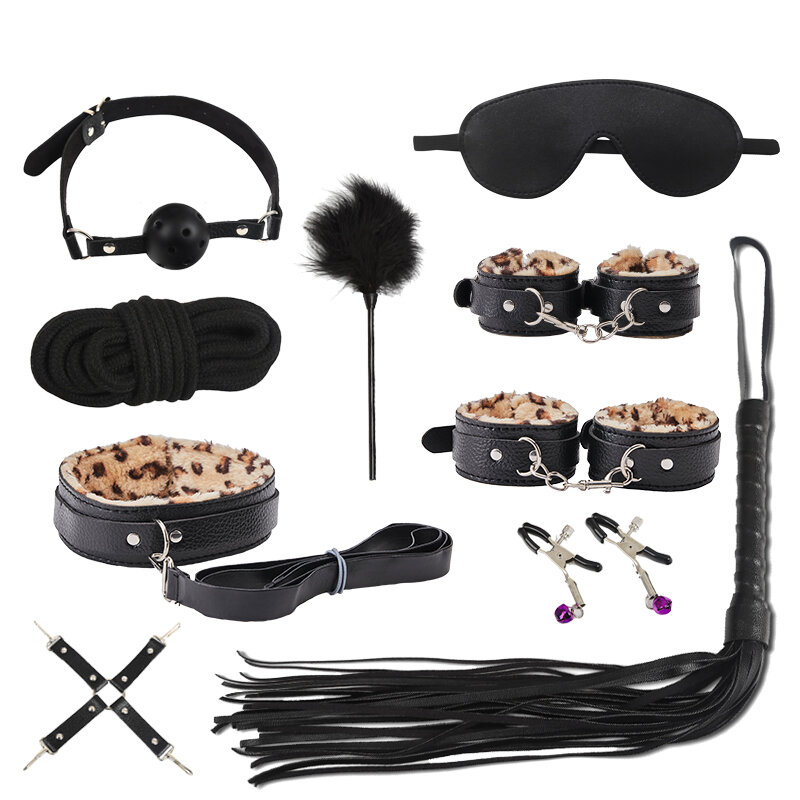 Bdsm-conjunto de accesorios exóticos de leopardo, juego de Bondage sexual Sm, Clip Sexy para los ojos, esposas, látigo, cuerda, juguete sexual para adultos, bdsmtoys