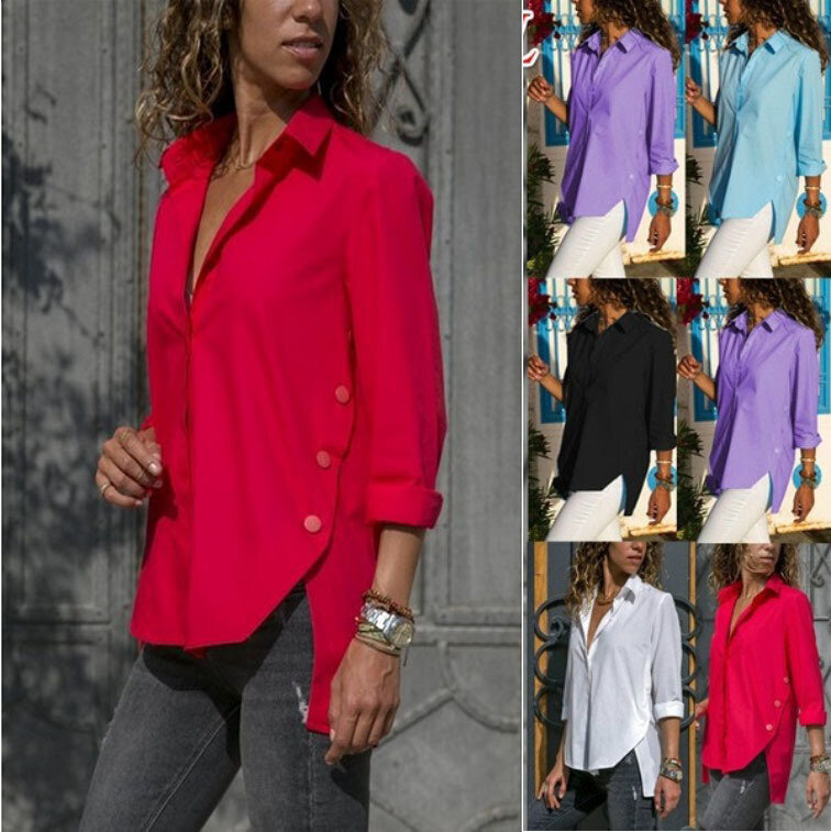 Женская Офисная рубашка, модная Асимметричная однотонная блузка с длинным рукавом и отложным воротником, топ, женские рубашки на весну и ле...