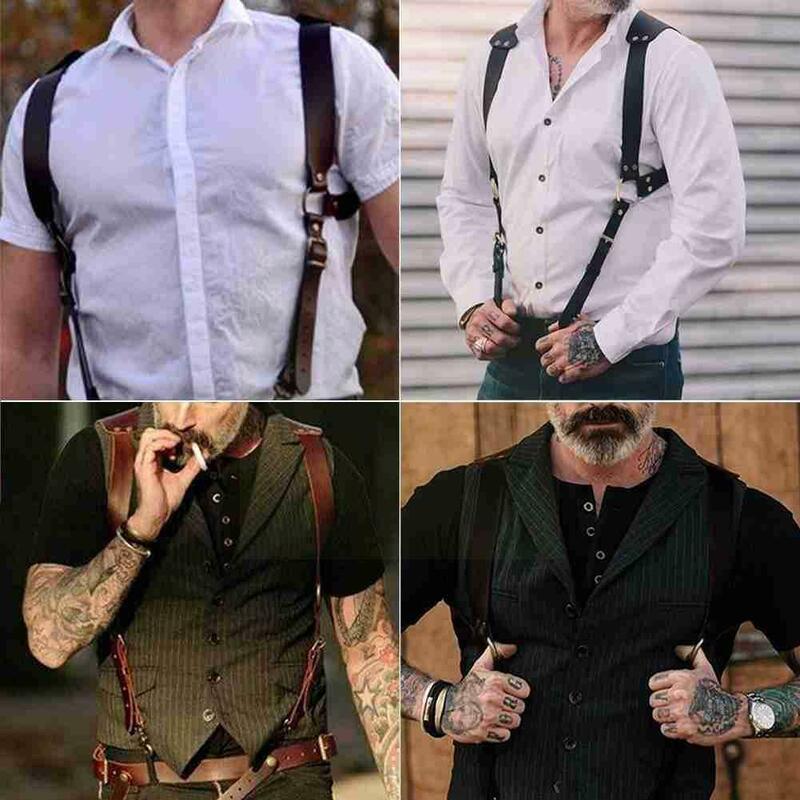 Tirantes de Chaleco de cuero Vintage para hombre, arnés Punk para hombro, accesorios, cinturón de pecho N4l8