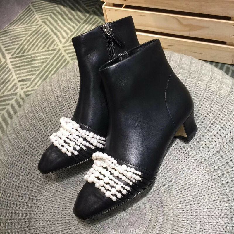 Ollymurs – bottines d'hiver en cuir véritable pour femme, chaussures de styliste avec chaîne de perles et talons, fermeture éclair, bout rond, nouvelle collection