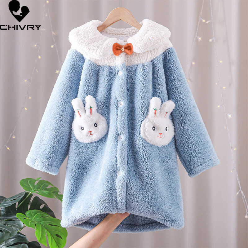 Robe de pyjama en flanelle pour enfants, motif lapin mignon, peignoir épais pour bébé, à manches longues, serviette, vêtements de maison, nouvelle collection automne hiver