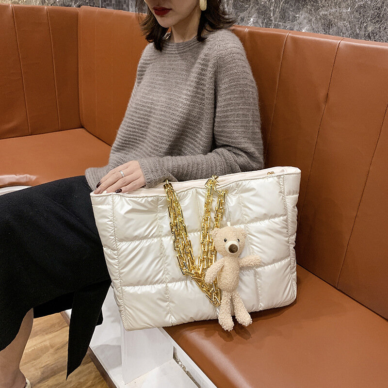 Large Cotton Padded Women's Shoulder Bag Fashion Down Space Handbag Designer Big Acrylic Chains Tote Winter Quilting Shopper Bag
