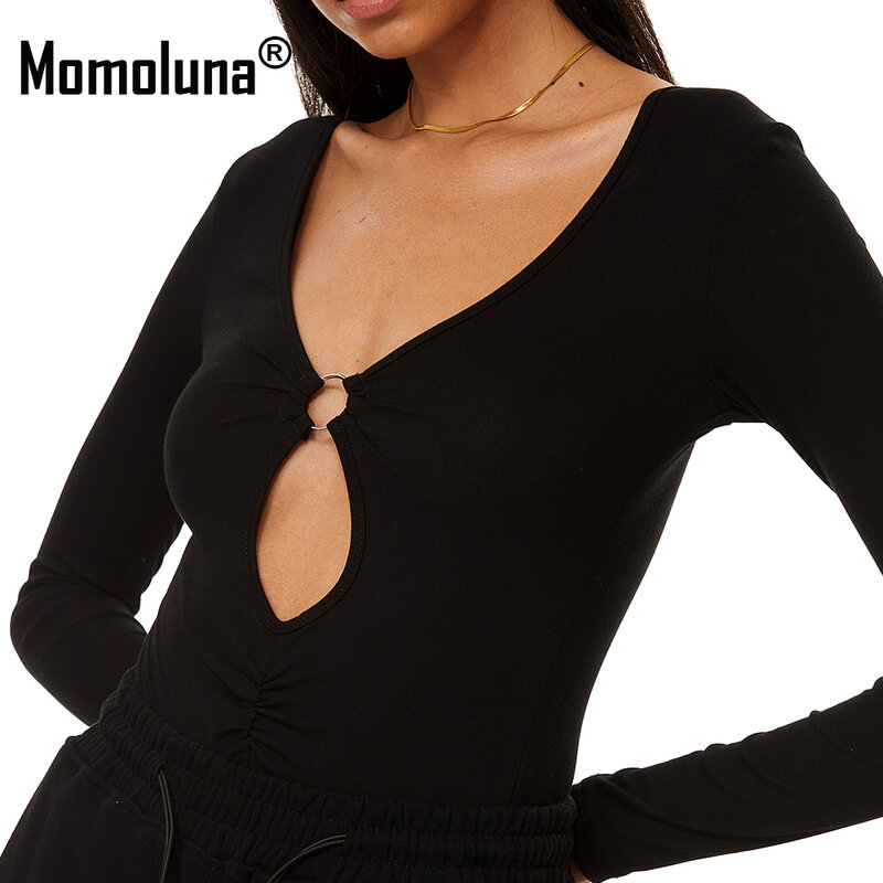 Momoluna mulher frente anel manga longa oco para fora bodycon v pescoço bodysuit macacão