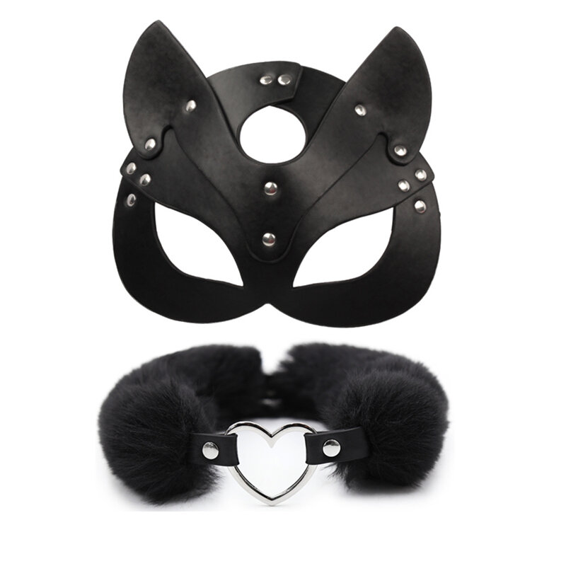 Porn Cat Women Sex Mask and Collar Cosplay Face Cat Leather SM Halloween Masquerade Party Mask Erotic Adult Games Sex Toys