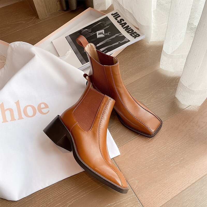 Women ankle Boots Cowhide natural leather plus size women shoes Europe and America Square head chunky heel Chelsea boots