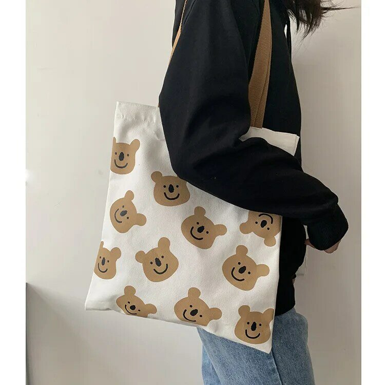 المرأة قماش حقيبة كتف الكرتون الطباعة قابلة لإعادة الاستخدام أكياس التسوق حقيبة كتب الطلاب القطن القماش حقائب اليد للفتيات