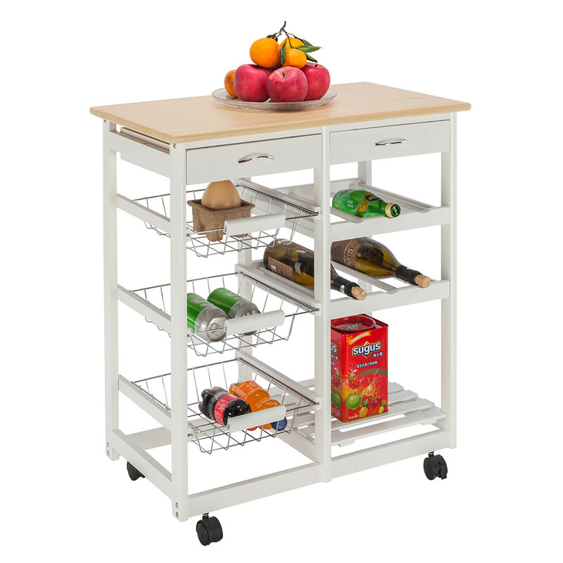 FCH Moveable Kitchen Cart with Two Drawers Two Wine Racks Three Baskets Kitchen Dining Car White