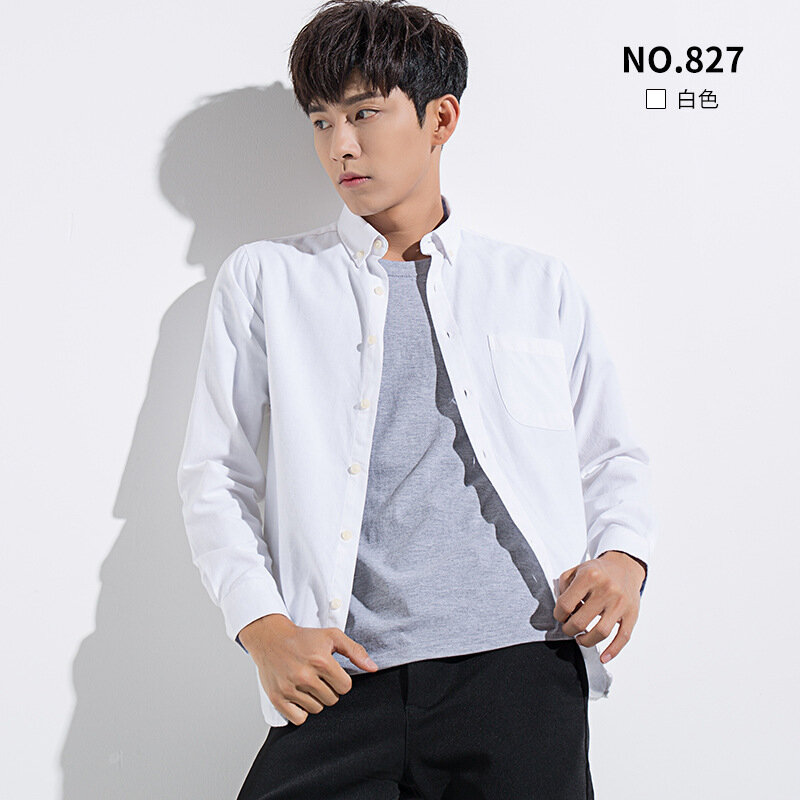 Chemise en coton à manches longues pour homme, couleur unie, coupe cintrée, décontracté, à la mode, blanc, noir, col boutonné, pour le travail, 2020
