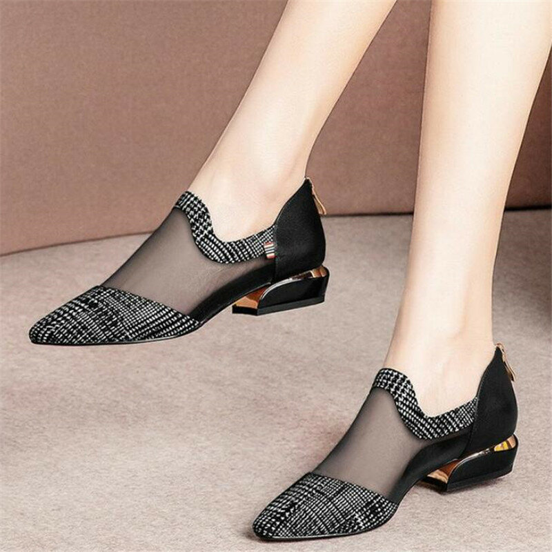ฤดูร้อนผู้หญิงส้นสูงรองเท้าตาข่าย Breathable ปั๊ม Zip Pointed Toe รองเท้าส้นสูงแฟชั่นหญิงรองเท้าแตะรองเท้...