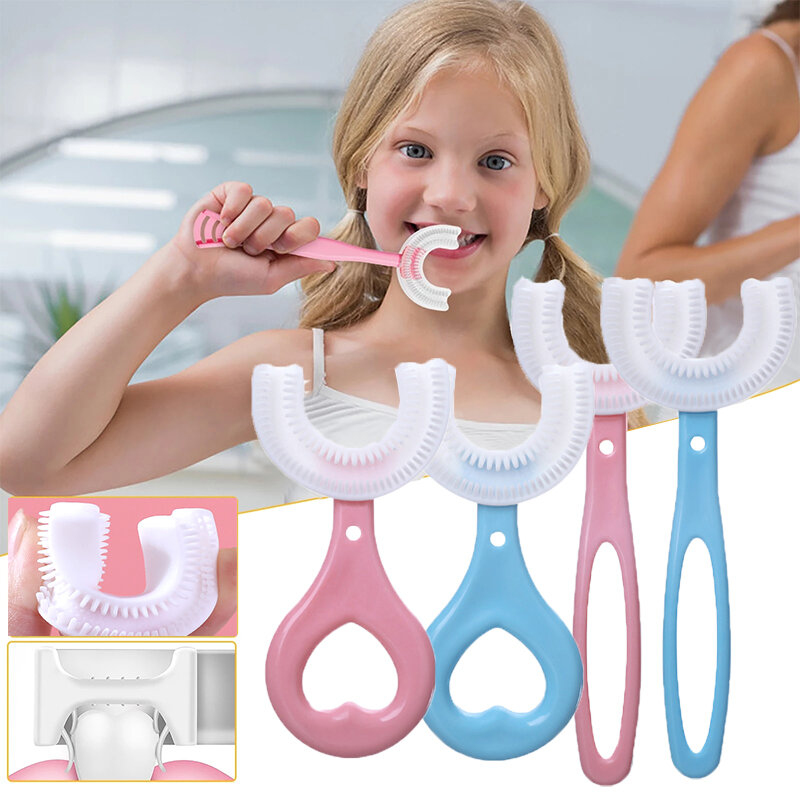 Cepillo de dientes en forma de U para niños, 360 grados, silicona, cuidado bucal