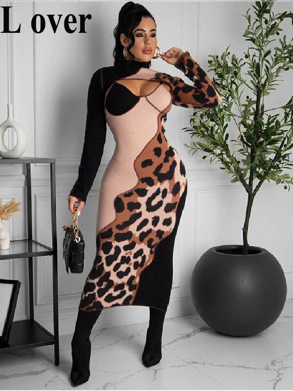 Leopardo impressão de duas peças conjunto feminino saia magro manga longa blusa superior três cores retalhos feminino robe casual clubwear festa