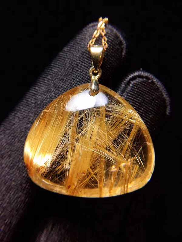 Collier avec pendentif en Quartz rutilé pour hommes et femmes, bijou en or naturel, goutte d'eau, 25.3x22x8.8mm, AAAAAAA