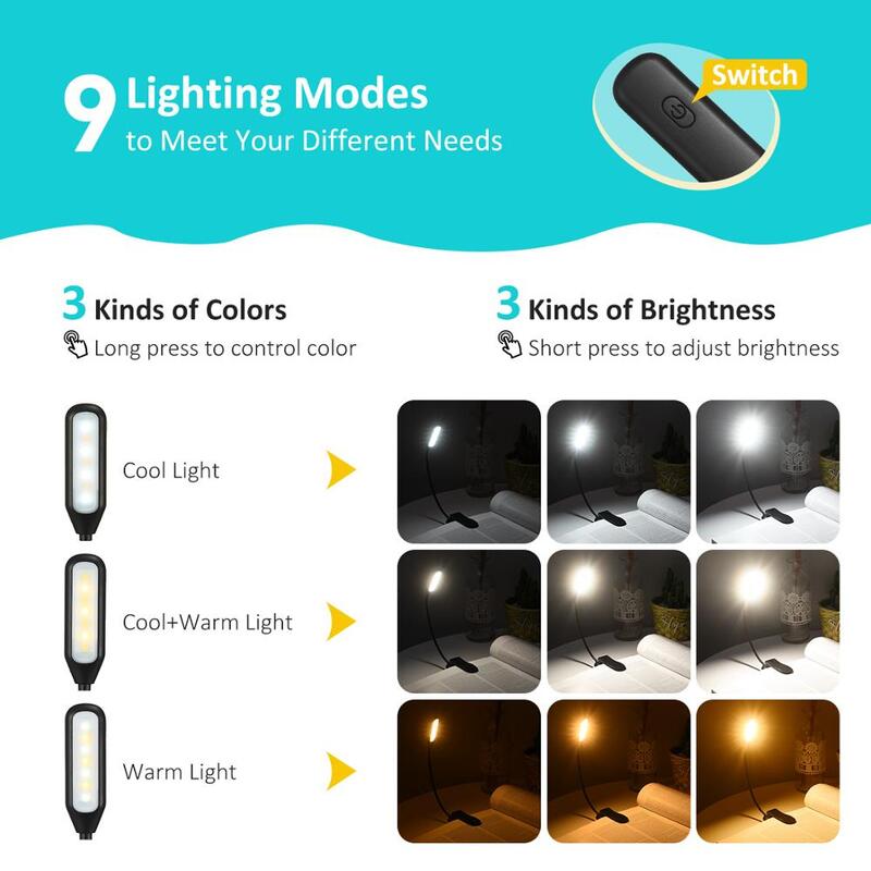 LITOM-luz de lectura portátil para escritorio, lámpara de 60 horas con Clip, 9 modos de iluminación con función de memoria, para viajes nocturnos