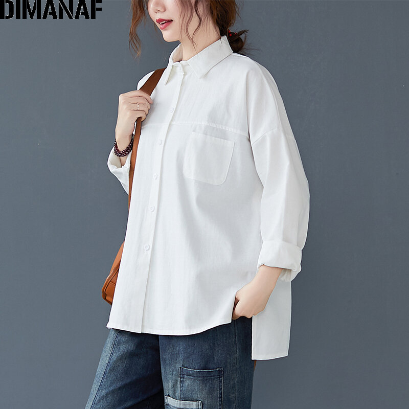 Dimanaf primavera verão plus size blusa feminina camisa senhora do escritório topo túnica algodão 2021 manga comprida roupas botão solto cardigan
