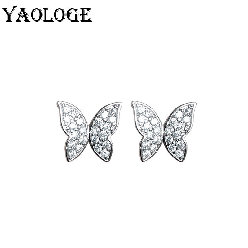 YAOLOGE 925เงินสเตอร์ลิง Hypoallergenic ต่างหูคริสตัลแฟชั่น Elegant Butterfly ต่างหูสุภาพสตรี Accessorie