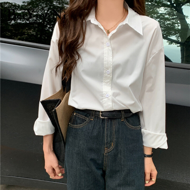 Beiyingni Single-breasted Shirts Female Simple Casual Plain Kpop Vintage Blusa Women Top Spring Autumn 2021 Long Sleeve Blouses