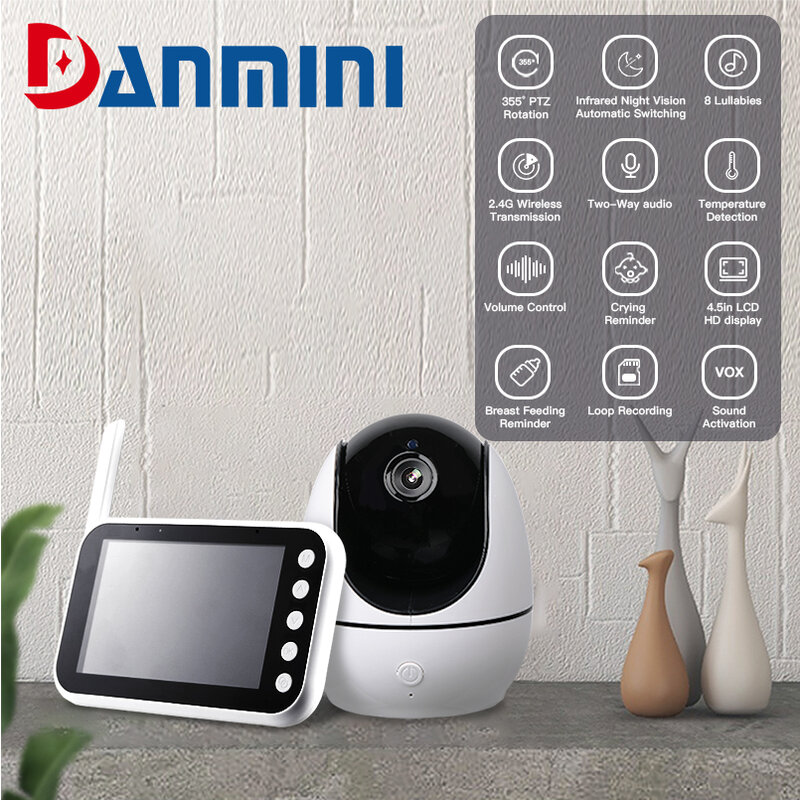 DANMINI ABM200 Monitor Bayi 4, 5in LCD HD Menangis Pengingat Pengasuh Elektronik Audio Dua Arah Pengantar Tidur Bermain Pemantauan Suhu