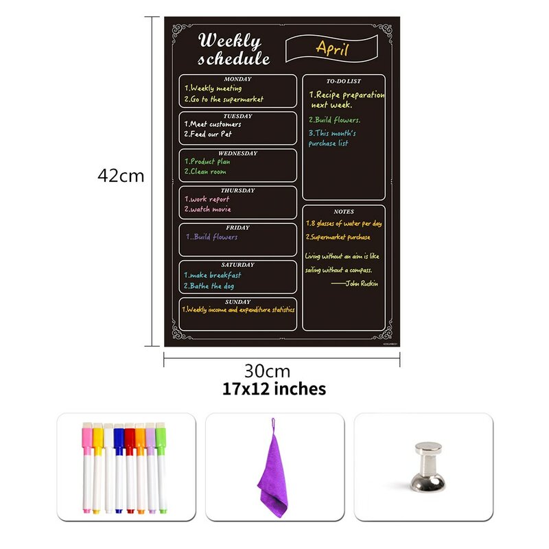 Calendário magnético para cozinha, adesivo de quadro negro, programação semanal, tarefa, menu, planejador para fazer lista com 8 marcadores