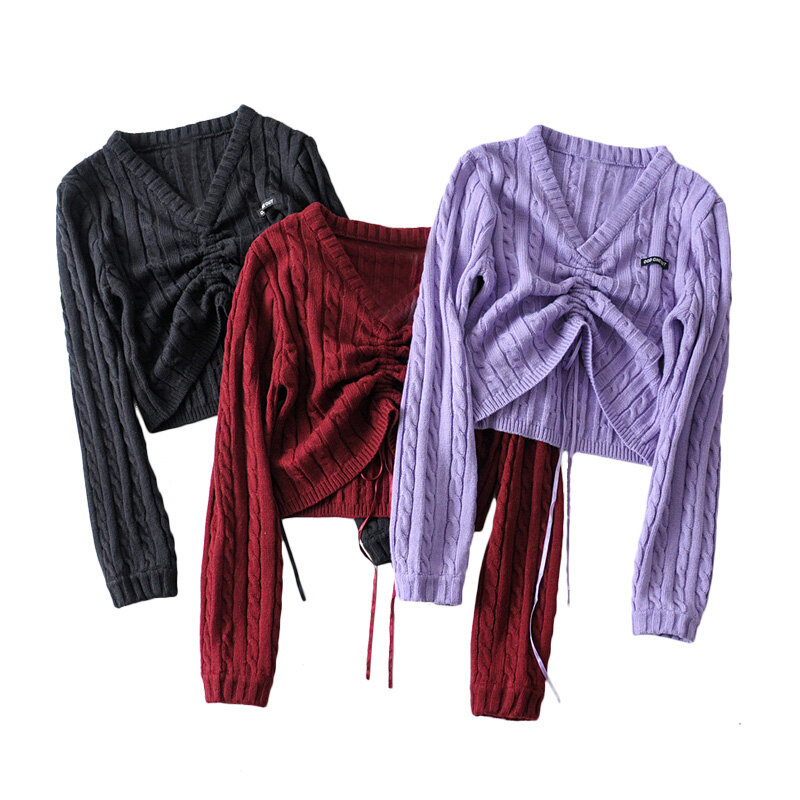 INS stylowe sweter w szpic damski amerykański niszowy Retro sznurek plisowany z małymi kokardkami na wierzchu krótki pępek dzianinowy lekki sweter
