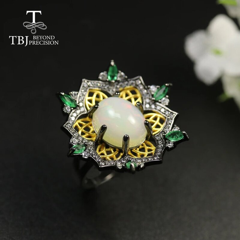 TBJ 2020 nuevo de lujo anillo de piedra ornamental con ópalo oval 10*12mm 3ct natural Esmeralda anillo de mujer de Plata de Ley 925 Plata regalo de la joyería