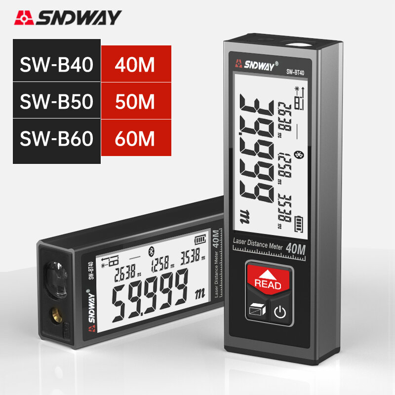 Sndway-medidor de distância a laser portátil, 40m, 50m, 60m, tela lcd digital, eletrônico, fita métrica