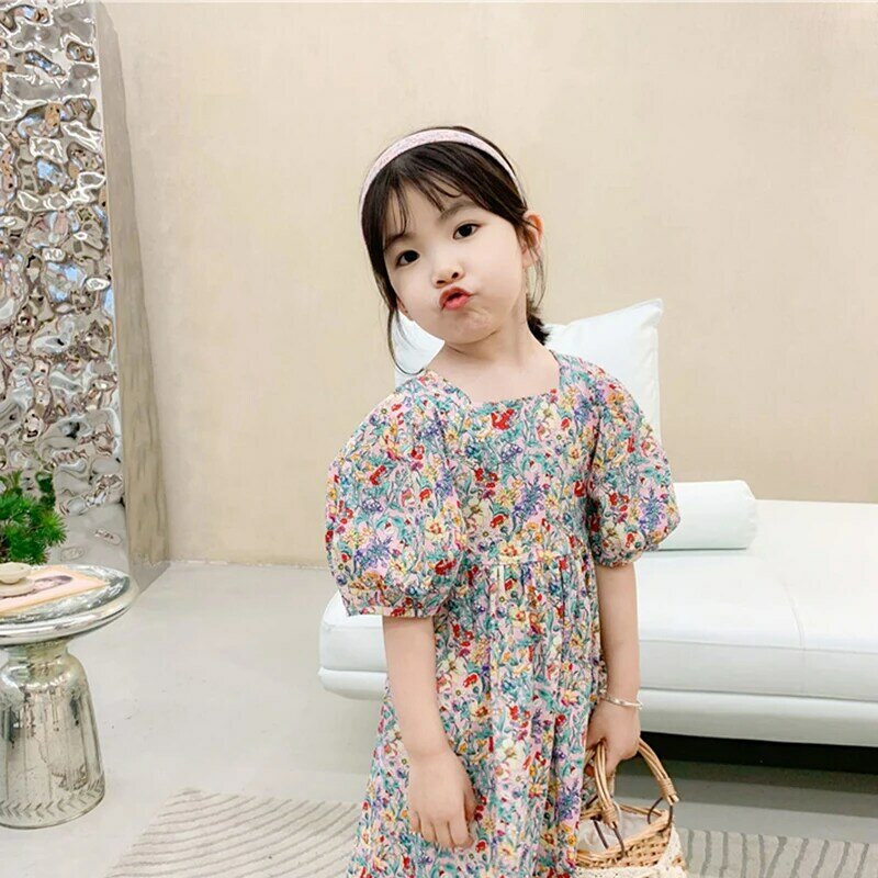 Girls Princess Dresses 2021 New  Summer Floral Cotton Vestidos Short Sleeve Children Korean Holiday Casual Costumes 3-7Y