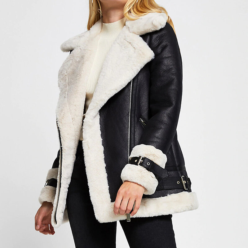 Ailegogo outono casaco de inverno das mulheres do plutônio do falso couro macio preto branco casaco de pele carneiro feminino aviador outwear casaco feminino