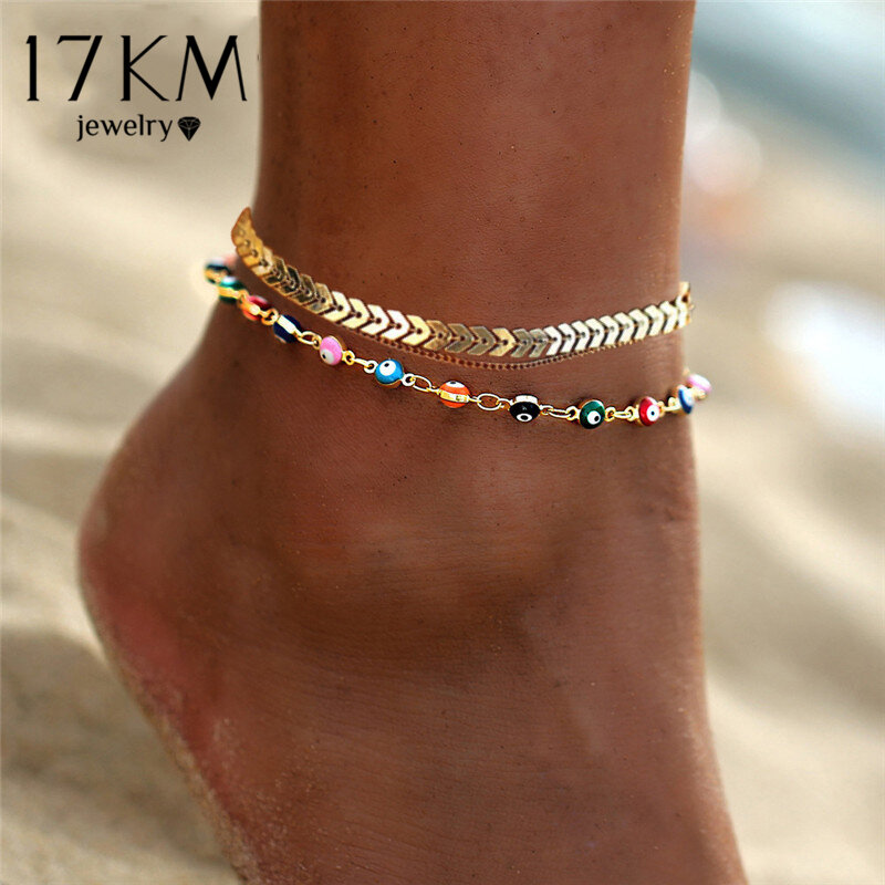 17KM czeski kolorowe oko koraliki obrączki dla kobiet złoty kolor lato Ocean Beach bransoletka na kostkę Foot Leg Chain biżuteria 2021 nowy