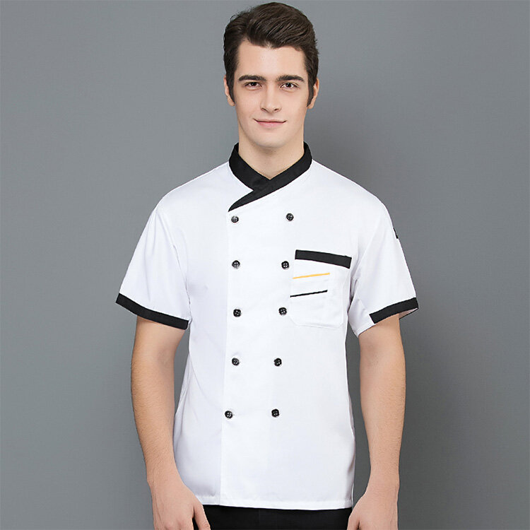 Dwurzędowy z krótkim rękawem oddychająca koszula szefa Catering restauracja Unisex praca w kuchni jednolite ubrania kucharskie na bluzki piekarnicze