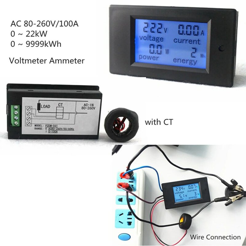 AC80-260V Digital con bobina de transformador, medidor de potencia de 100A, CA de 220V, indicador de corriente de voltaje, Monitor de energía de 220V