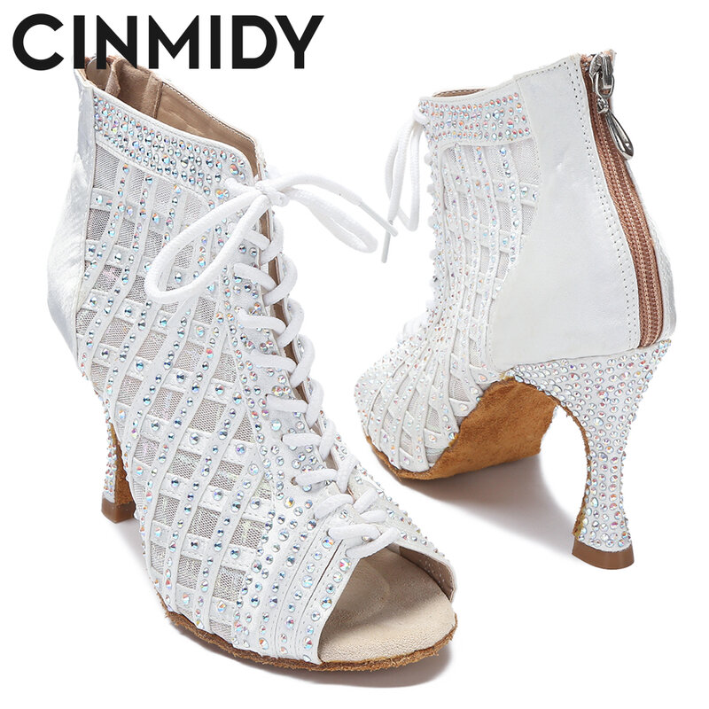 CINMIDY-Botas de baile latino para mujer, zapatos de Samba para baile de salón, tacón alto de malla transpirable, con suela suave, a la moda