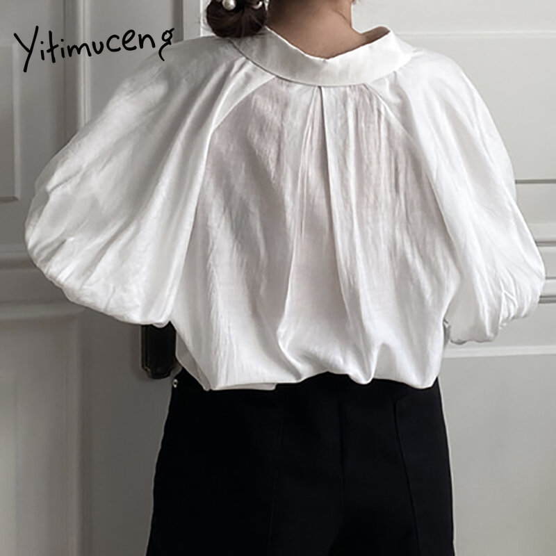 Yitimuceng casual blusa feminina camisas de grandes dimensões moda coreana manga curta sopro senhora do escritório branco azul topos 2021 verão novo