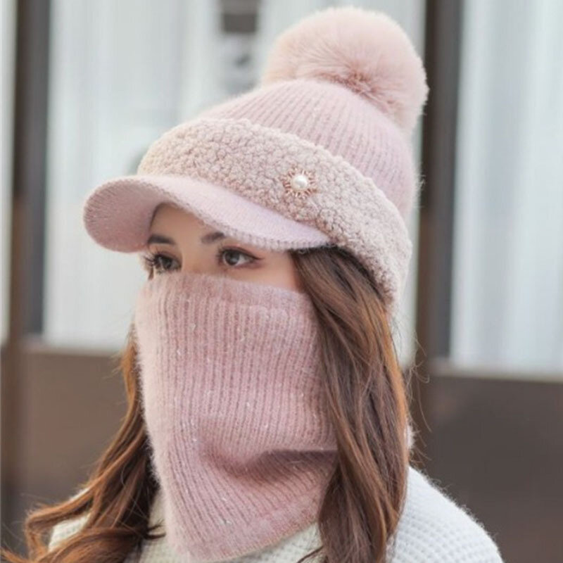 Chapeau d'hiver de marque pour femme, grand bonnet en fourrure, avec  pompon, écharpe tricotée, bonnet chaud, Skullies