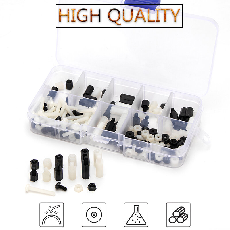 ESPACIADOR hexagonal de nailon M3, Kit de espaciado de tuercas de plástico, macho y hembra, color blanco y negro, 180 unidades, M3NLHB205