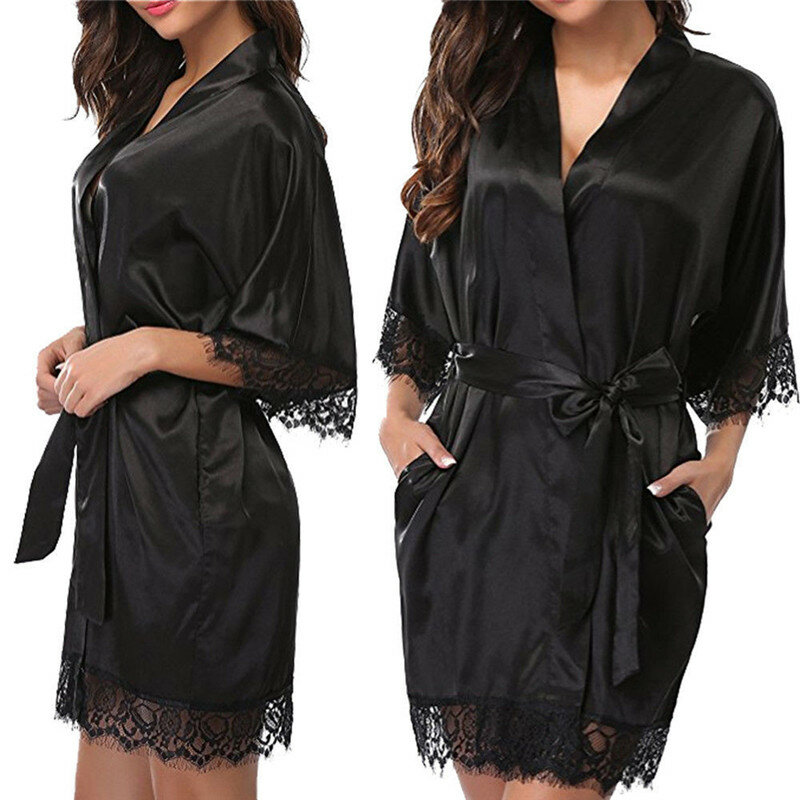 ลูกไม้เซ็กซี่ผู้หญิง Dressing Gown เสื้อคลุมอาบน้ำผ้าไหม Robe Sleep Lounge Bridesmaid Robes ซาตินเจ้าสาว Elegant ชุดนอน