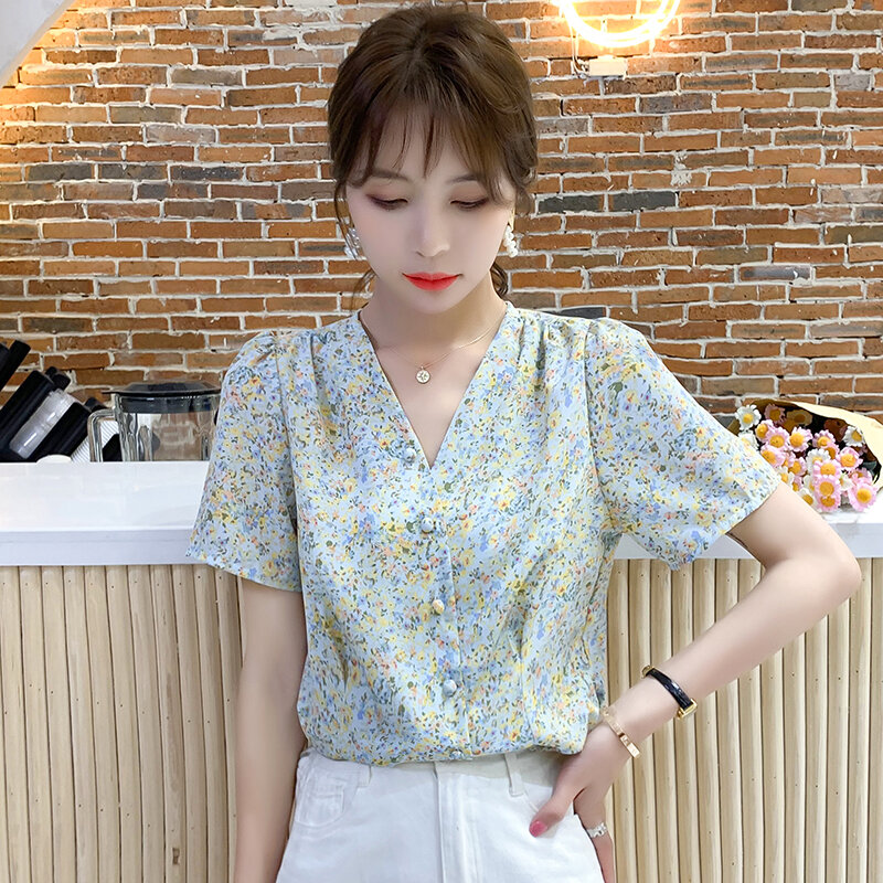 Camisa feminina design floral para verão, camisa curta de chiffon