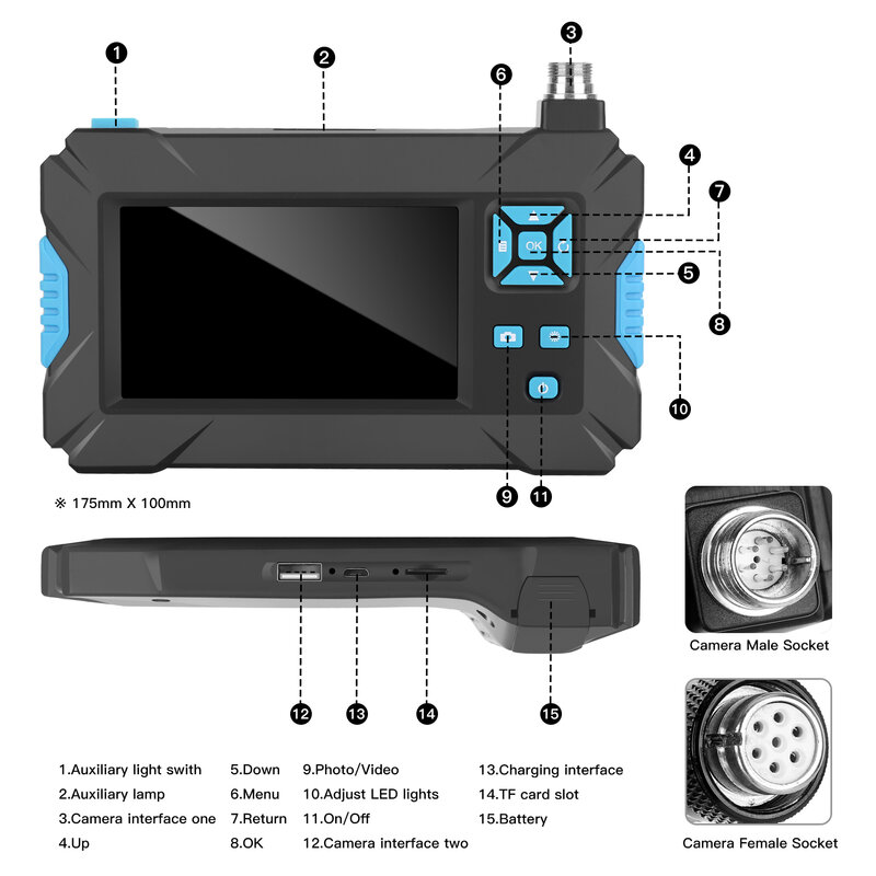 産業用内視鏡,ボアスコープ,5.5mm,6個のled,4.3インチ,hd 1080pカメラ,車の検査用