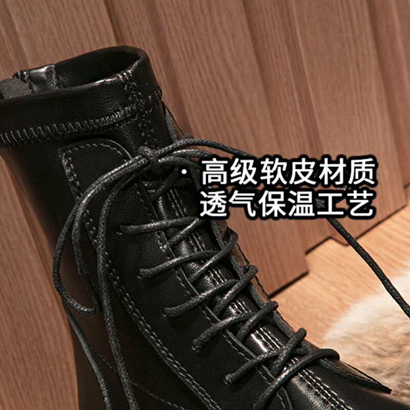 Botas de suela gruesa con cordones para mujer, botines de microfibra con cremallera trasera, zapatos de Otoño/Invierno, 2021