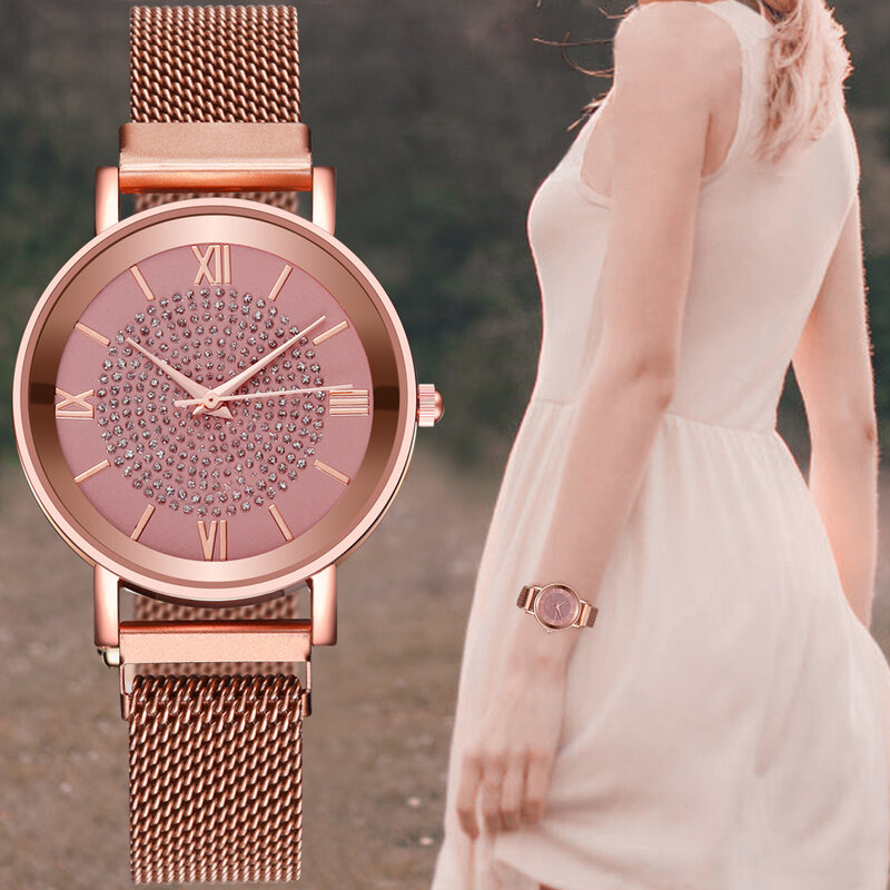 Кварцевые часы с магнитным ремешком, повседневные аналоговые наручные часы с римскими шкалами и круглым циферблатом для женщин, магазин NYZ