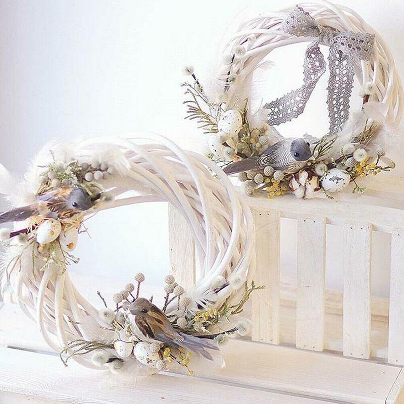 Wicker Garland White Round Design Christmas Tree Rattan Wreath   Ornament Vine Ring Decoration Home Party Hanging Flower Craft