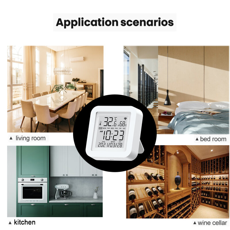 Sensor de temperatura e umidade tuya smartlife, wi-fi, aplicativo, monitor remoto, inteligente, compatível com alexa, google home smartthings