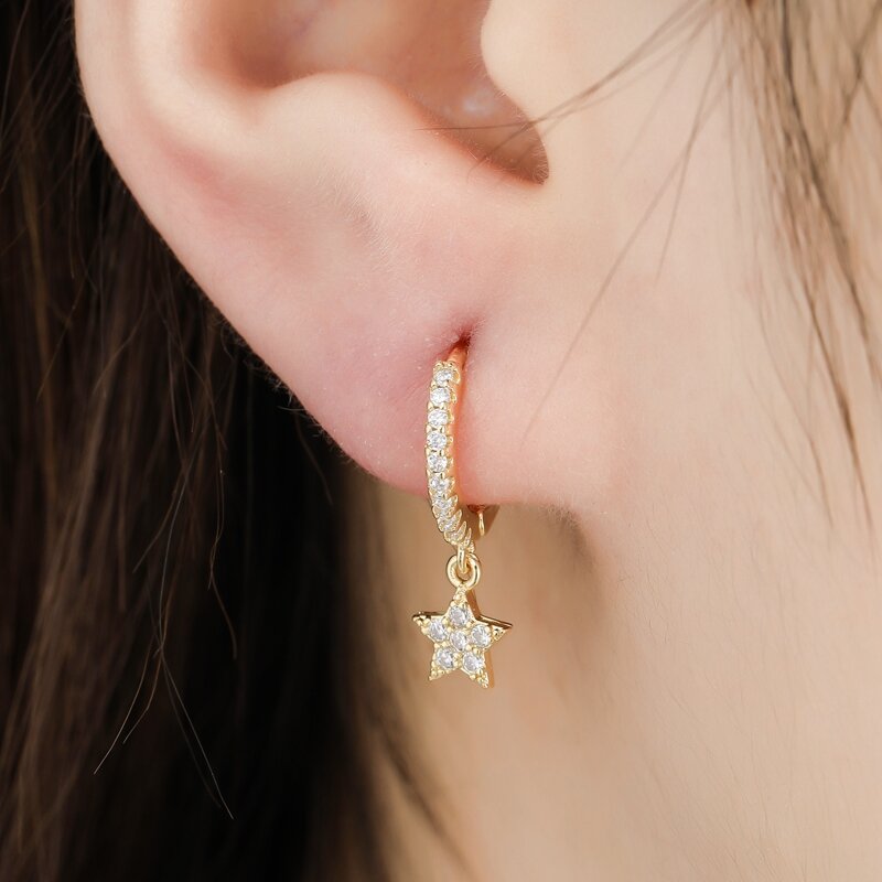 CANNER 925 Sterling Silver Plated Gold Crystal Five-pointed Star Earrings Women Simple Pendientes Wedding Jewelry Accessories