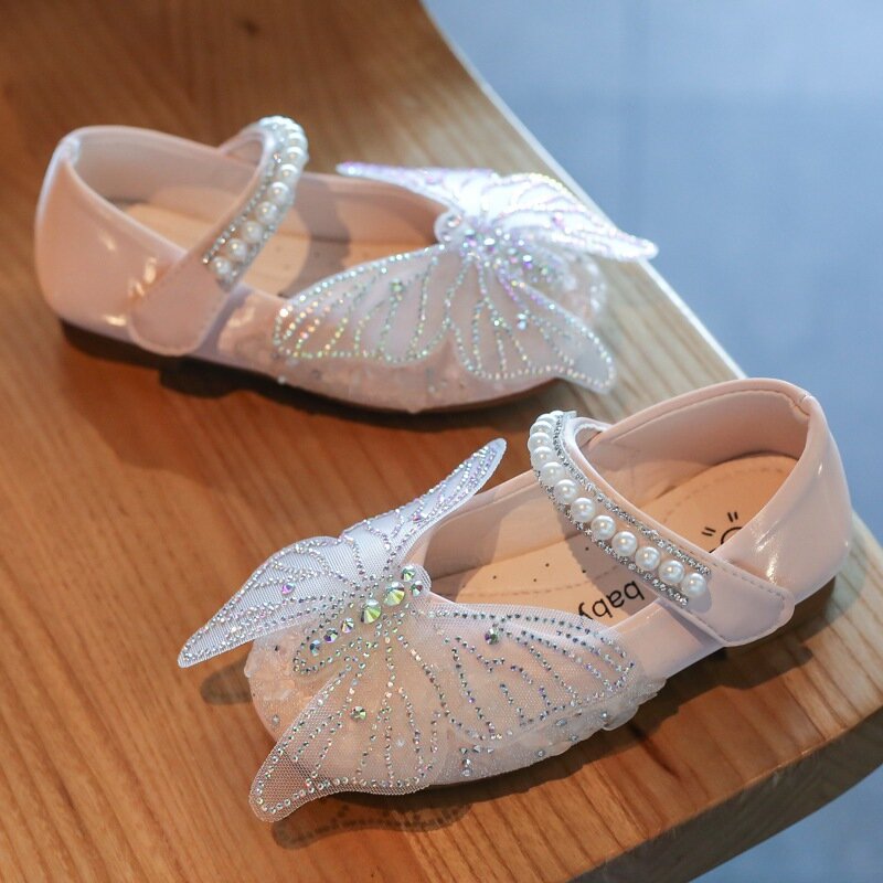Baby Girls Shoes Kids Leather Shoes For Wedding Party Performance Beading Autumn Lace With Butterfly Rhinestone Bling Pearl
