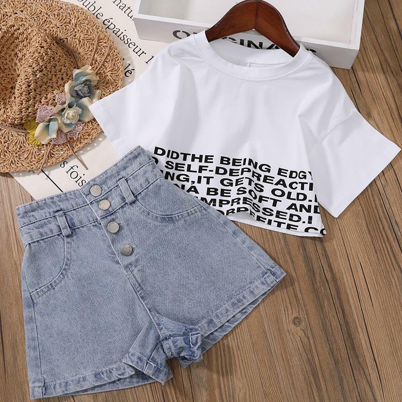 Neue Kinder Mädchen Kleidung Set Sommer Mädchen Crop Tops T-shirt + Denim shorts 2 stücke Mädchen Outfits Baby Mädchen Kleidung 4 5 710 zu 12 jahr