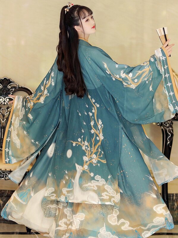 Hanfu Vrouwen Chinese Stijl Originele Lente En Herfst Kruis Kraag Taille Lengte Geplooide Rok Dagelijkse Oude Kostuum Fee Jurk
