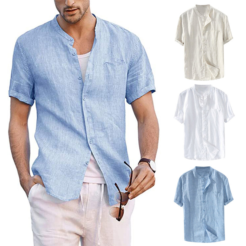 Chemise en coton et lin à col montant boutonné pour homme, Blouse ample à manches courtes, surdimensionnée, avec poche, 5XL, été, 2021