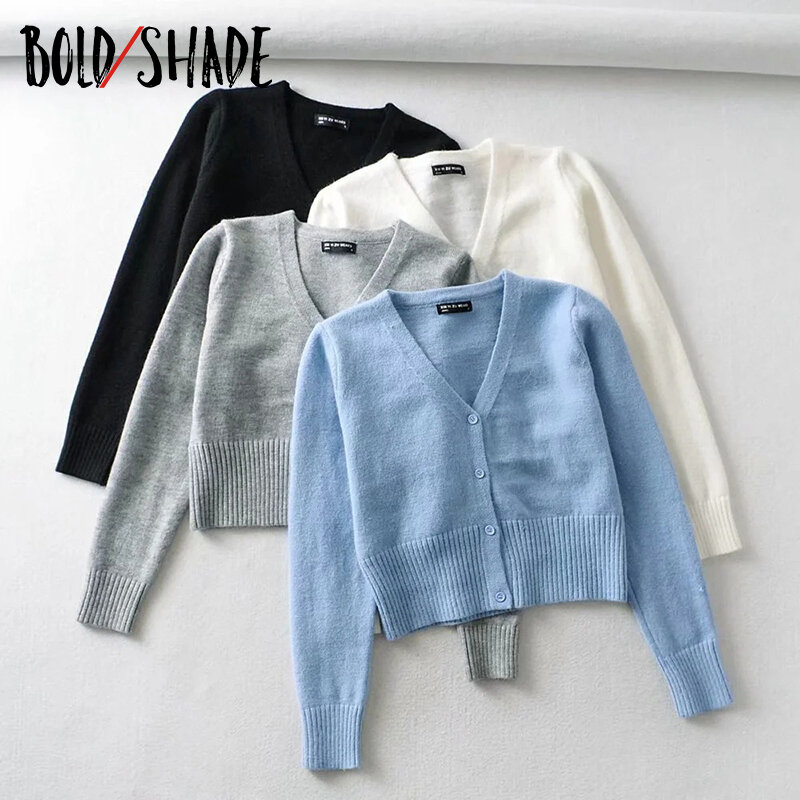 Bold Shade Knitting Casual 90s Vintage Cardigans V-Neck Button Long Sleeve Crop Sweaters Women Fashion Indie Style Clothes 2020