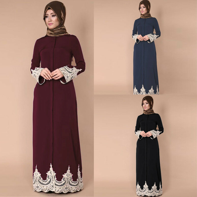 Vestido musulmán de manga larga para mujer, elegante vestido largo de encaje con hebilla completa a la moda, Color puro, 2021